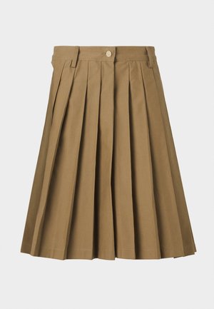 Jupe plissée kaki en mélange de coton, avec fermeture à bouton et taille, présentant des plis nets allant du haut vers le bas.