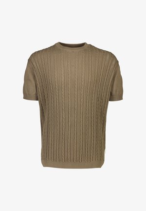 Kurzarmpullover in Khaki mit strukturiertem Kabelstrickdesign. Verfügt über einen Rundhalsausschnitt und gerippte Bündchen. Weicher, gestrickter Stoff.