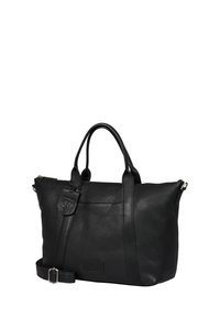 Borsa tote nera in pelle con superficie testurizzata, manici superiori doppi, una tracolla rimovibile e una tasca frontale con etichetta del logo.