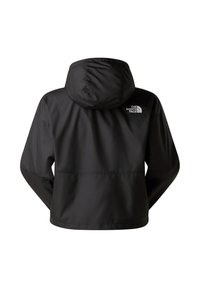 Czarna wodoodporna kurtka z kapturem, o bezszwowym kroju, z elastycznymi mankietami i małym logo na górnej części pleców. Gładka tekstura.