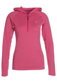 Felpa rosa a maniche lunghe con zip a un quarto, maniche raglan, tasche frontali e un logo discreto. Realizzata in un tessuto liscio e elasticizzato.