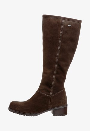 Tall dark brown suede boot with low block heel, visible stitching, and a small Gore-Tex label near the top.