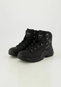 Schwarze Wanderschuhe mit hohem Schaft, robustem Design, verstärkten Schnürsenkeln und strukturierten Sohlen für besseren Halt. Mit Logo-Akzenten an der Seite.