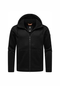 Felpa nera con zip, realizzata in tessuto morbido, dotata di tasche frontali, cappuccio regolabile con coulisse e logo sul petto. Design semplice e funzionale.