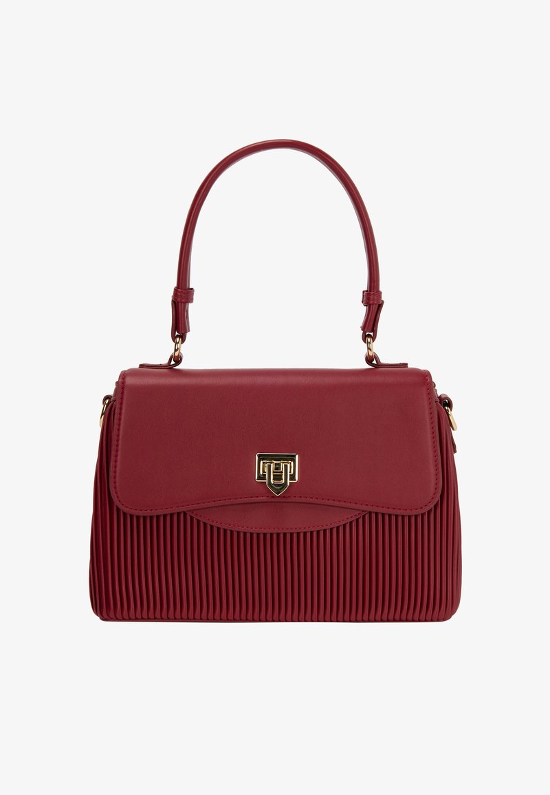 Rote Lederhandtasche mit gefältetem Design, goldenen Beschlägen, einer strukturierten Form und einem oberen Griff. Mit einer abgerundeten Klappe und Logo-Akzent.