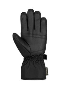 Schwarze Handschuhe mit einer Lederhandfläche und textilem Obermaterial, elastischem Handgelenkbund und einem GORE-TEX-Tag für Wetterschutz.