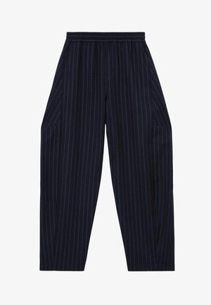 Pantalones azul marino oscuro con finas rayas verticales blancas, cintura elástica y bolsillos laterales sobre fondo liso.