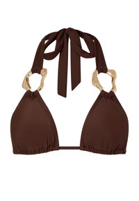 Bruine driehoekige bikini-top met gathered stof en gouden hardwareaccenten. Te strikken rond de nek en gemaakt van glad, rekbaar materiaal.