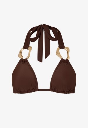 Haut de bikini triangulaire marron avec un tissu froncé et des accents en métal doré. Se noue autour du cou et est fabriqué dans un matériau lisse et extensible.