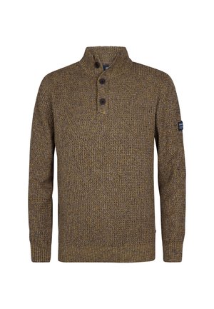 Bruin en grijs gemêleerd gebreid pullover trui met een hoge knoopsluiting en geribde manchetten en onderrand, met een klein logo-applicatie op de linkermouw.