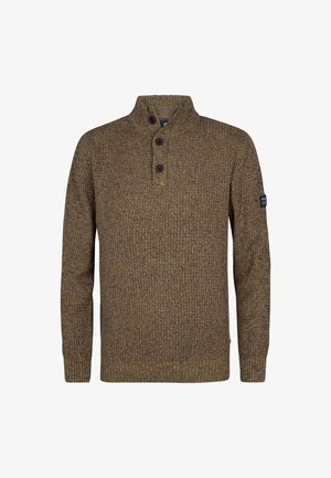 Braun und grau melierter Strickpullover mit hohem, geknöpftem Kragen sowie gerippten Bündchen und Saum. Er verfügt über ein kleines Logo-Patch am linken Ärmel.