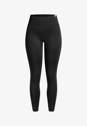 Zwarte leggings met hoge taille, gemaakt van rekbare stof. Gladde textuur en aansluitend ontwerp, geschikt voor sportkleding. Geen patronen of accenten.