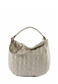 Borsa hobo in finta pelle beige con motivo a coccodrillo strutturato, parte superiore curva, tracolla larga e dettagli in metallo color oro.