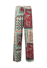Pantalons à motifs présentant un mélange de designs floraux et géométriques dans des tons de vert, rouge et beige. Fabriqués en tissu doux avec une taille élastique.