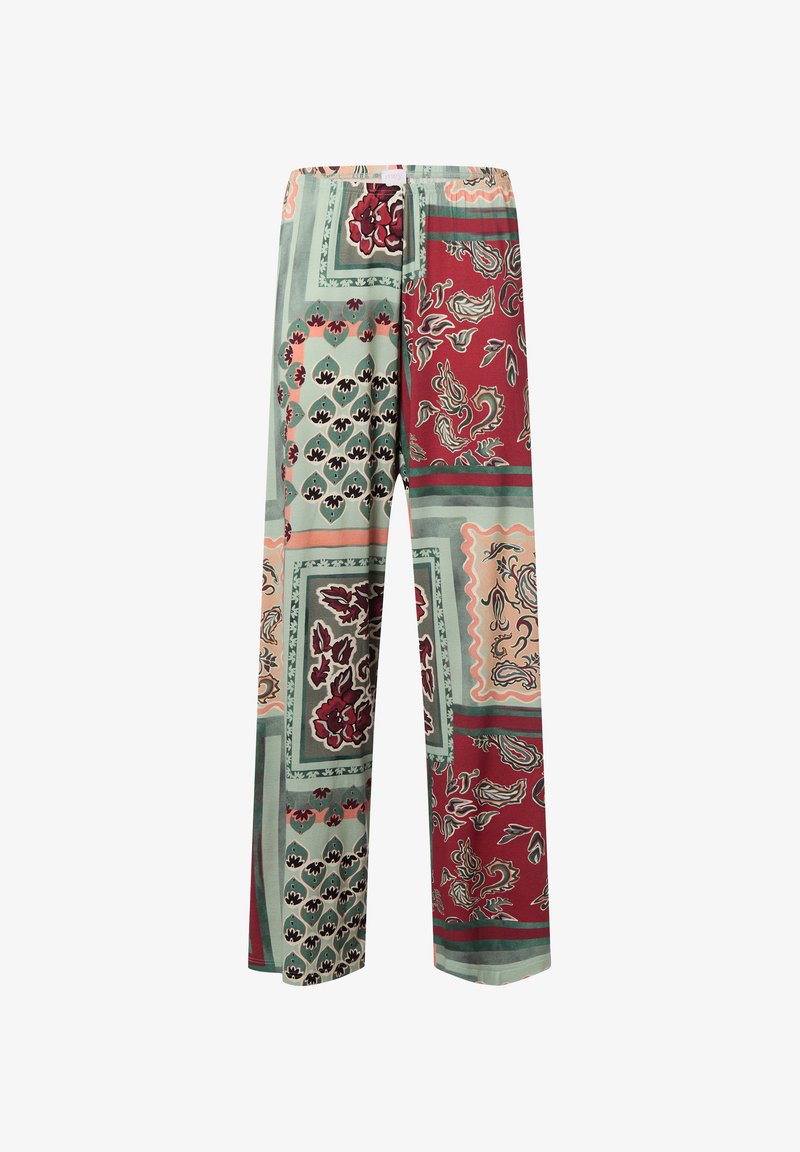 Pantalons à motifs présentant un mélange de designs floraux et géométriques dans des tons de vert, rouge et beige. Fabriqués en tissu doux avec une taille élastique.