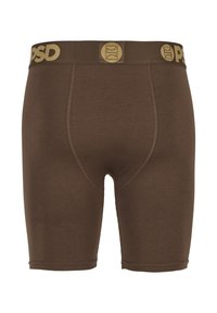 Bruine herenboxershorts met een brede elastische tailleband, afgewerkt met het gouden PSD-logo en patronen.