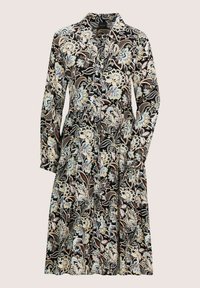 Langärmliges Hemdblusenkleid mit schichtgeschnittener Rockpartie, das ein schwarzes, beiges und hellblaues Blumen- und Paisleymuster zeigt.