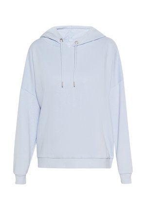 Hoodie de culoare albastru deschis, fabricat dintr-un material moale. Include o glugă cu șnur, mâneci late și tivuri și manșete ribbate. Design minimalist, fără modele.