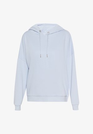 Hoodie de culoare albastru deschis, fabricat dintr-un material moale. Include o glugă cu șnur, mâneci late și tivuri și manșete ribbate. Design minimalist, fără modele.