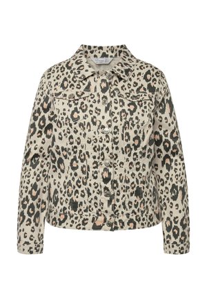 Veste à motifs léopard beige, avec des boutons en argent, deux poches poitrine, des manches longues et une coupe courte. Fabriquée en tissu coton résistant.