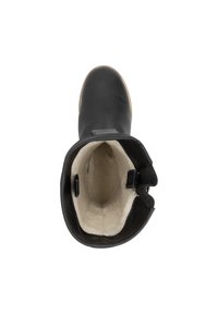 Black leather ankle boot featuring a soft, cream-colored interior lining, rounded toe, and two adjustable straps on the heel.