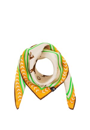 Silk scarf with orange, green, and white geometric border and brown animal figures, folded in a circular shape.