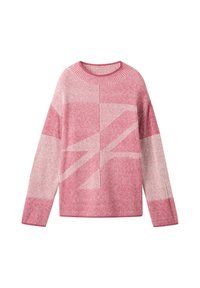 Rosa Strickpullover mit geometrischem Muster in verschiedenen Farbtönen, geripptem Texture, Rundhalsausschnitt und langen Ärmeln.