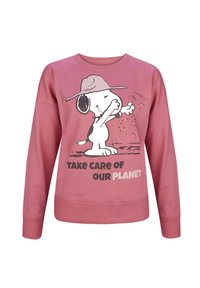 Felpa rosa con una grafica di un cane dei cartoni animati con un cappello, che tiene in mano un pugno di terra, e il testo "PRENDETI CURA DEL NOSTRO PIANETA."