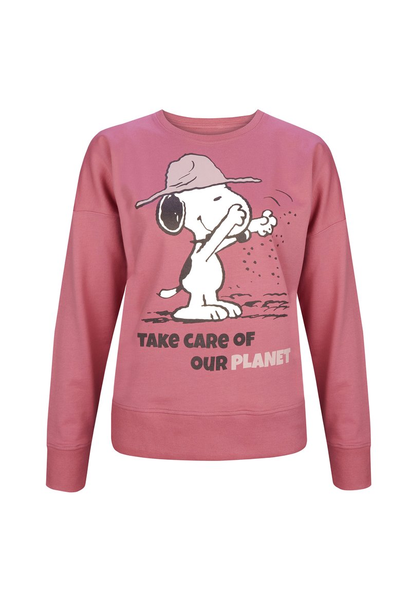 Felpa rosa con una grafica di un cane dei cartoni animati con un cappello, che tiene in mano un pugno di terra, e il testo "PRENDETI CURA DEL NOSTRO PIANETA."