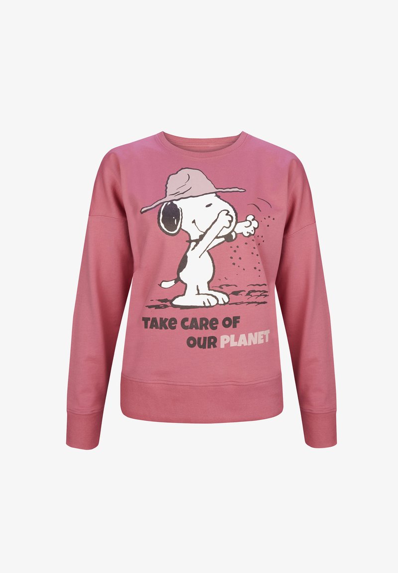 Felpa rosa con una grafica di un cane dei cartoni animati con un cappello, che tiene in mano un pugno di terra, e il testo "PRENDETI CURA DEL NOSTRO PIANETA."