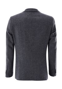 Gray textured blazer with a notch lapel, dual back vents, and buttoned cuff accents, showcasing a smooth fabric and tailored fit.
