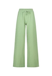 Pantalons à jambes larges en tissu vichy vert, dotés d'une taille élastique avec cordon de serrage réglable. Tissu léger.