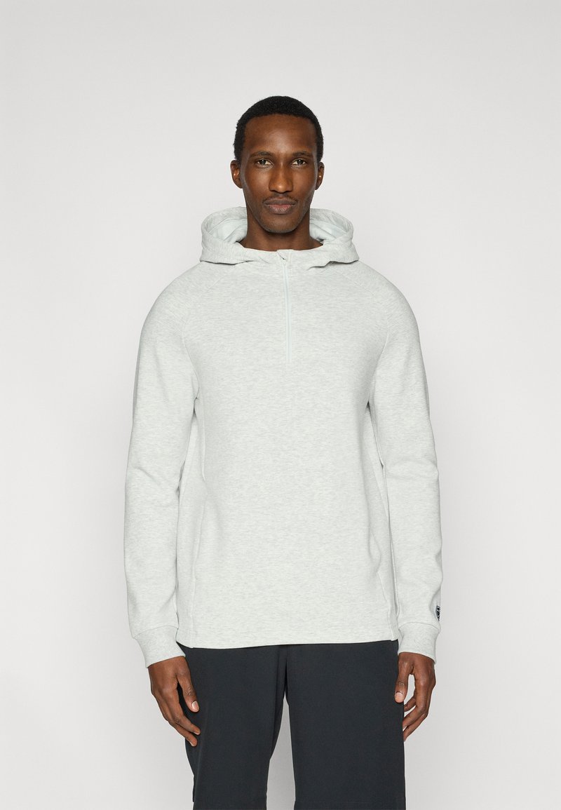 Hellgrauer Pullover mit Vorderreißverschluss, langen Ärmeln und Kordelzugkapuze. Weiche Textur und lockere Passform.