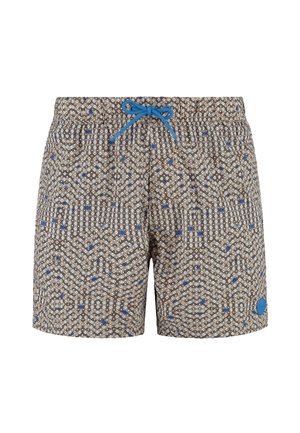 Pantaloni da bagno a motivo con un design geometrico in tonalità di beige, blu e marrone. Vita elasticizzata con lacci blu e dettaglio del logo circolare.