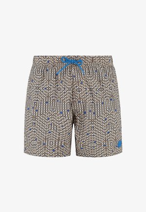 Patroon zwembroek met een geometrisch ontwerp in tan, blauw en bruin. Elastische tailleband met een blauwe trekkoord en cirkelvormig logo-detail.