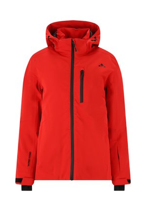 Veste imperméable rouge avec capuche, dotée d'une fermeture éclair intégrale, de poignets élastiques, d'une poche poitrine et d'accents noirs sur le revêtement et les fermetures éclair.