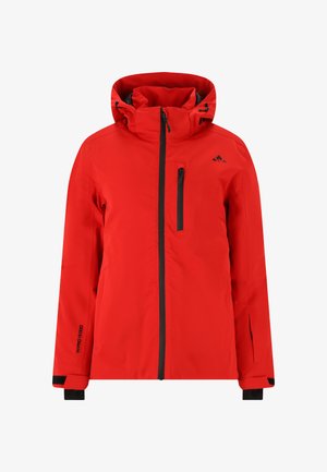Veste imperméable rouge avec capuche, dotée d'une fermeture éclair intégrale, de poignets élastiques, d'une poche poitrine et d'accents noirs sur le revêtement et les fermetures éclair.