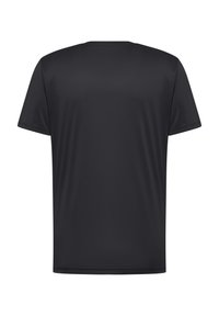 Schwarzes Kurzarm-T-Shirt aus einem glatten, leichten Stoff. Mit Rundhalsausschnitt und normaler Passform, ohne sichtbare Muster oder Akzente.