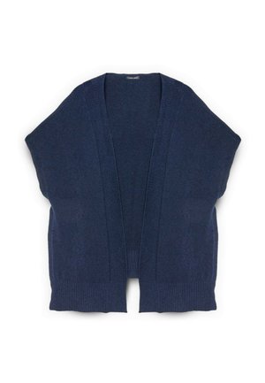Cardigan aperto di colore blu navy con maniche corte, orlo a coste e tessuto morbido a maglia. Caratterizzato da una vestibilità morbida e un design minimalista.