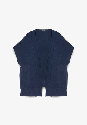 Cardigan aperto di colore blu navy con maniche corte, orlo a coste e tessuto morbido a maglia. Caratterizzato da una vestibilità morbida e un design minimalista.