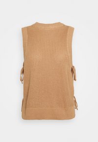 Gebreid mouwloos topje in beige met een ronde halslijn, voorzien van zijknoopjes en een geribbelde zoom, die een textuur patroon door het geheel toont.
