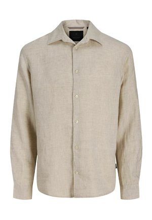 Chemise beige en lin à manches longues avec col pointu et devant à boutons, présentée sur fond blanc.