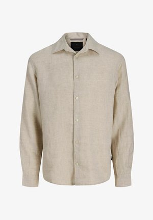 Chemise beige en lin à manches longues avec col pointu et devant à boutons, présentée sur fond blanc.
