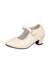 Zapato Mary Jane de tacón bajo color crema, con punta redonda, correa ajustable en el tobillo, hebilla plateada y suela negra, sobre fondo blanco.