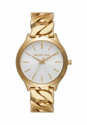 Reloj de pulsera Michael Kors color dorado con esfera blanca, marcadores de horas dorados y pulsera de eslabones gruesos.