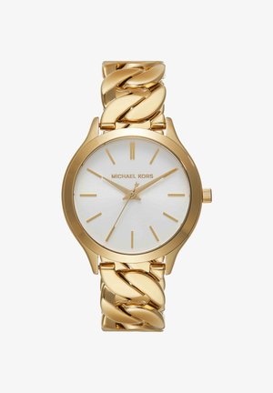 Reloj de pulsera Michael Kors color dorado con esfera blanca, marcadores de horas dorados y pulsera de eslabones gruesos.