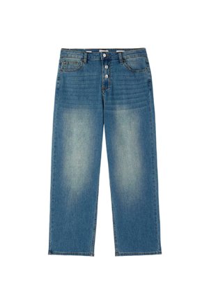 Siniset farkut suoralla lahkeen leikkauksella, haalistuneet etureidet, nappilista ja viiden taskun malli.