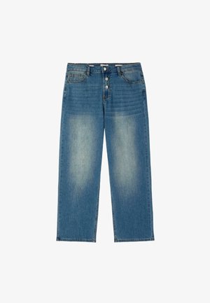 Jeans de mezclilla azul con corte recto en las piernas, muslos delanteros descoloridos, cierre de botones y diseño de cinco bolsillos.