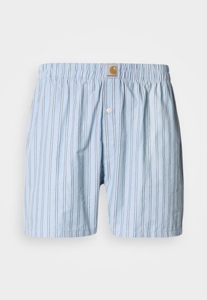 Light blue striped boxer shorts made of cotton. Features an elastic waistband and a single button closure at the front.