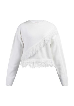 Baltas trumpas megztinis su ilgomis rankovėmis, turintis tekstūruotą apdailą ir įstrižą franžų detales palei apatinį kraštą. Klassikinis apvalus iškirpimas.